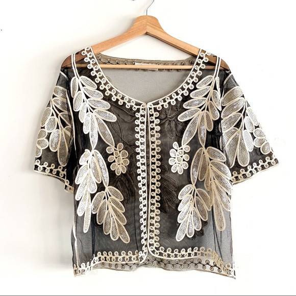 Vintage Simply Couture Floral Mesh Sequined Blouse Top Jacket Black & Ivory L - Picture 1 of 9